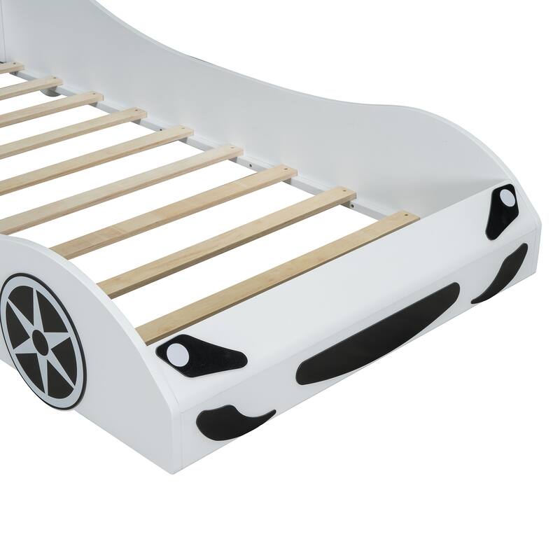 Wood Twin Size Race Car-Shaped Platform Bed With Led And Upholstered Backrest