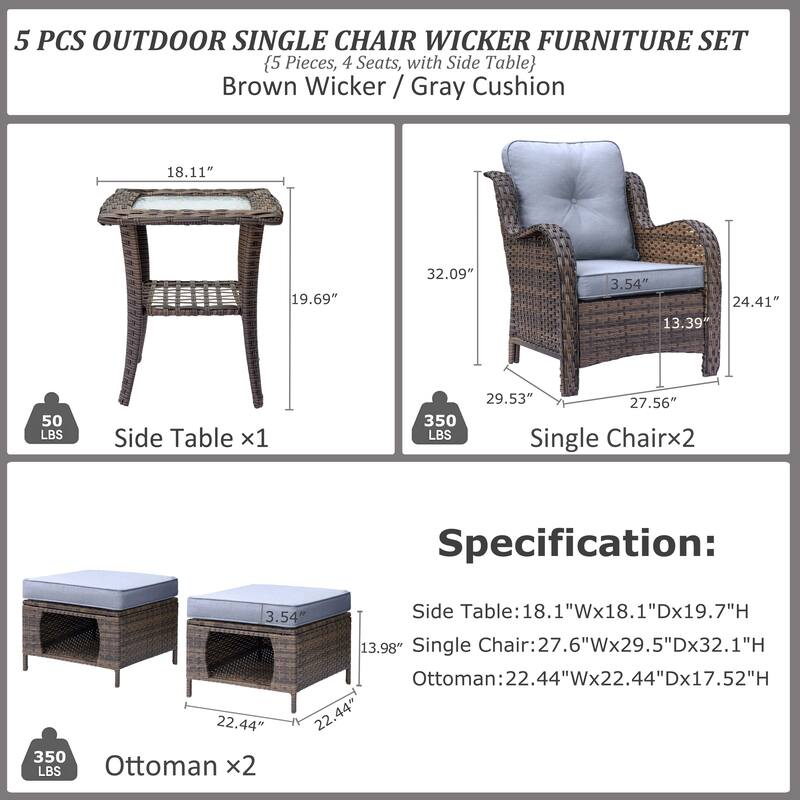 5-piece Outdoor Patio Wicker Conversation Sets With Storage Ottomans