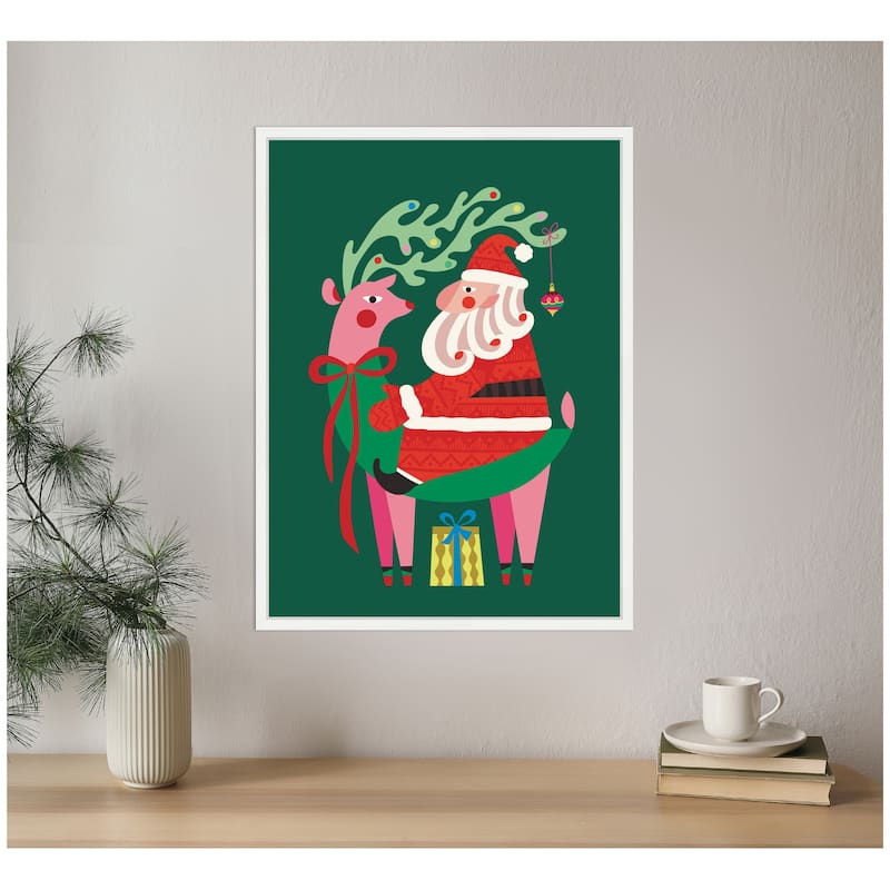 Kate and Laurel Framed Canvas Santa and Reindeer by Rachel Lee