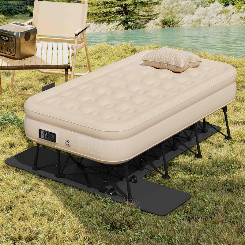 Inflatable mattress with wheeled storage box Inflatable mattress with built-in pump