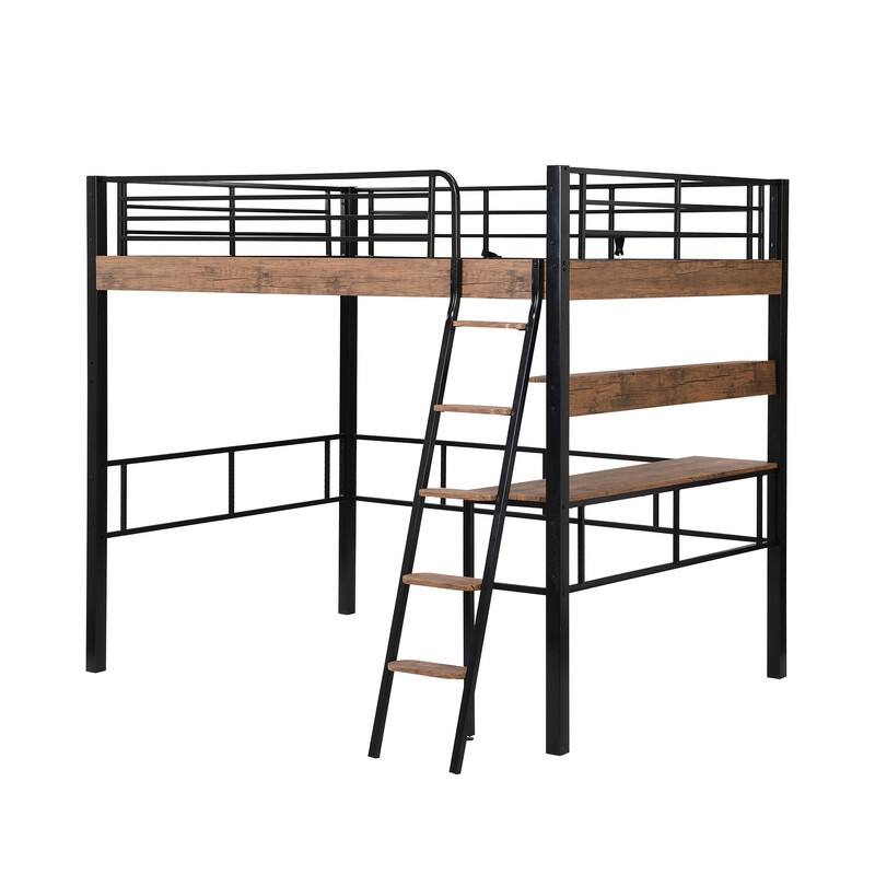 Twin/Full Size Loft Bed with Builtin Desk, Metal &Wood Loft Bed Frame