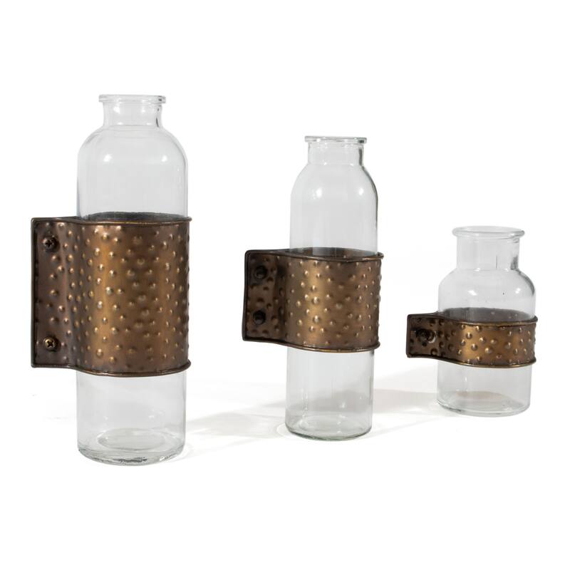 Clear and Bronze Metal Glass Hammered Cylinder Table Vase Set of 3 Decor