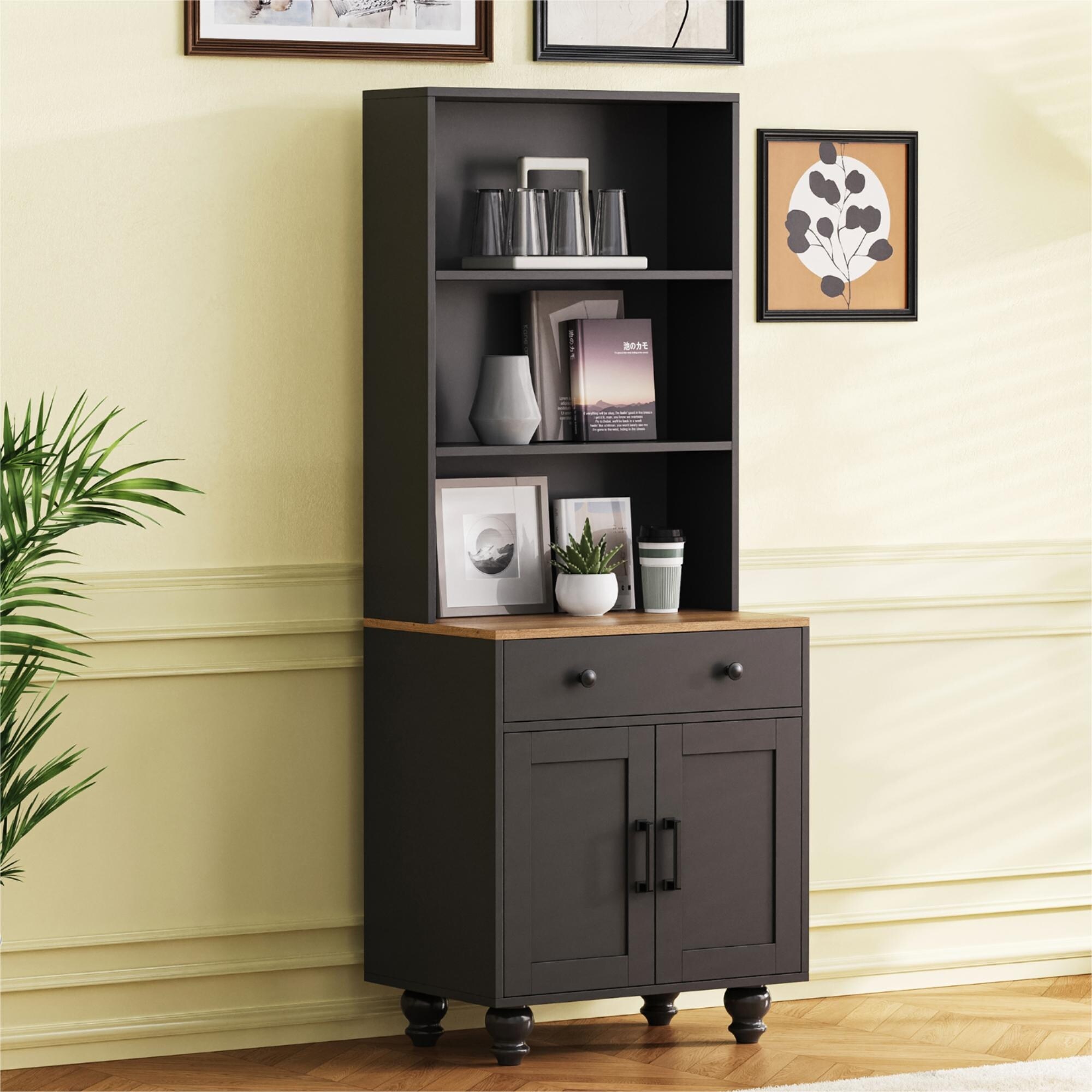 5-Tier Bookshelf with Drawer & Adjustable Shelves, Solid Wood Legs