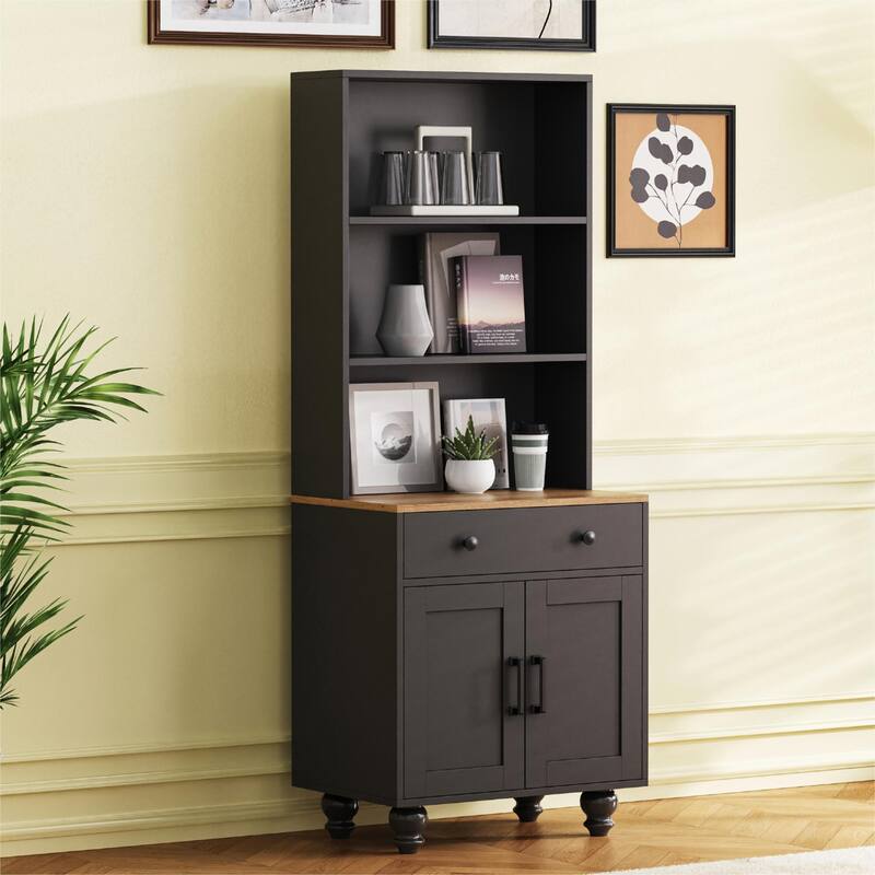 Storage Cabinet with 4 Gourd-Shaped Legs,Kitchen Pantry Cabinet with Adjustable Shelves,5 Tier Bookshelf with Drawer