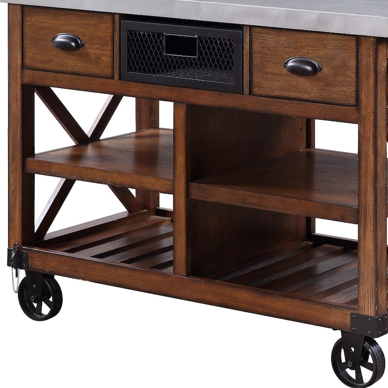 HomeRoots Brown And Silver 48" Rolling Kitchen Cart With Storage - 48.00 in. x 36.00 in. x 26.00 in.