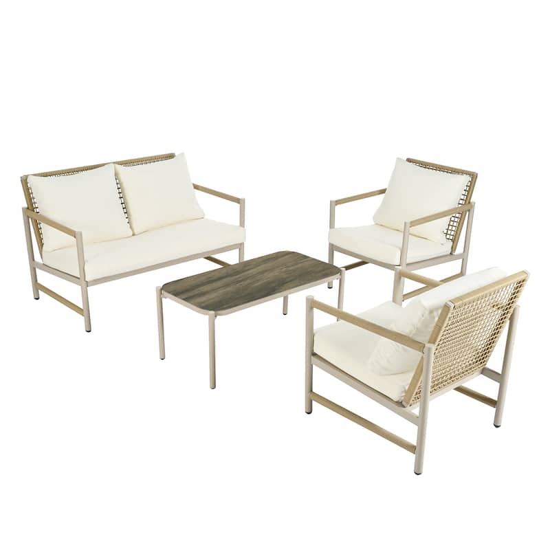 4 Pieces Patio Furniture Set, PE Rattan Wicker 4 Pcs Outdoor Sofa Set w/Washable Cushion