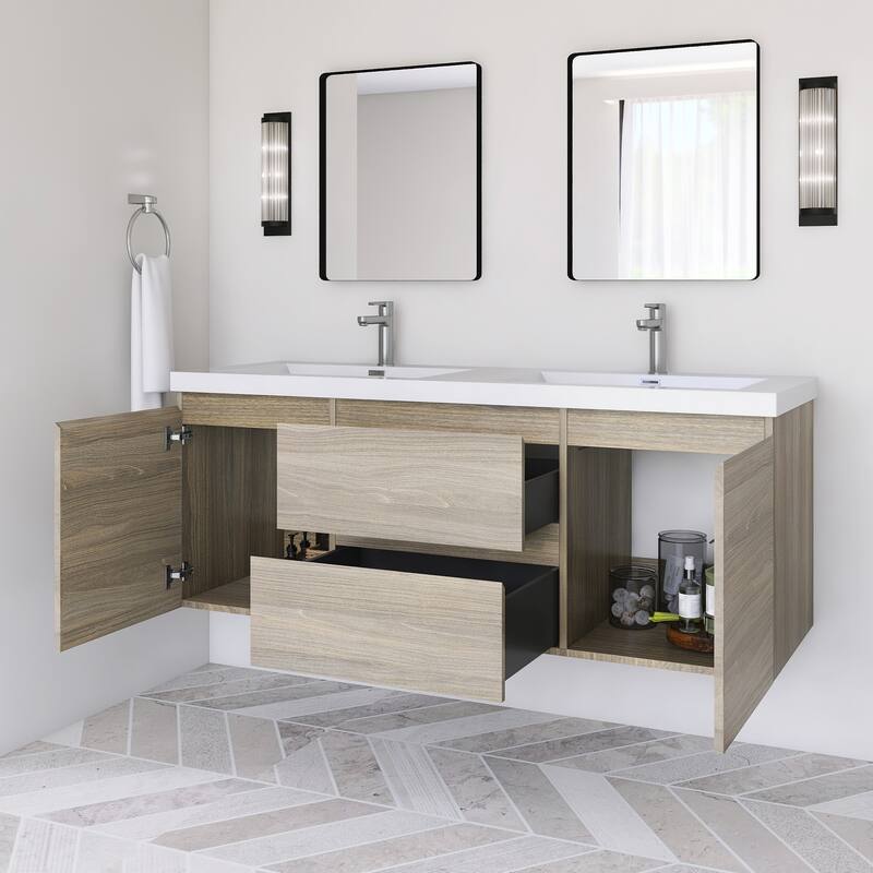 Modern Wall-Mounted Bathroom Vanity with White Solid Surface Top