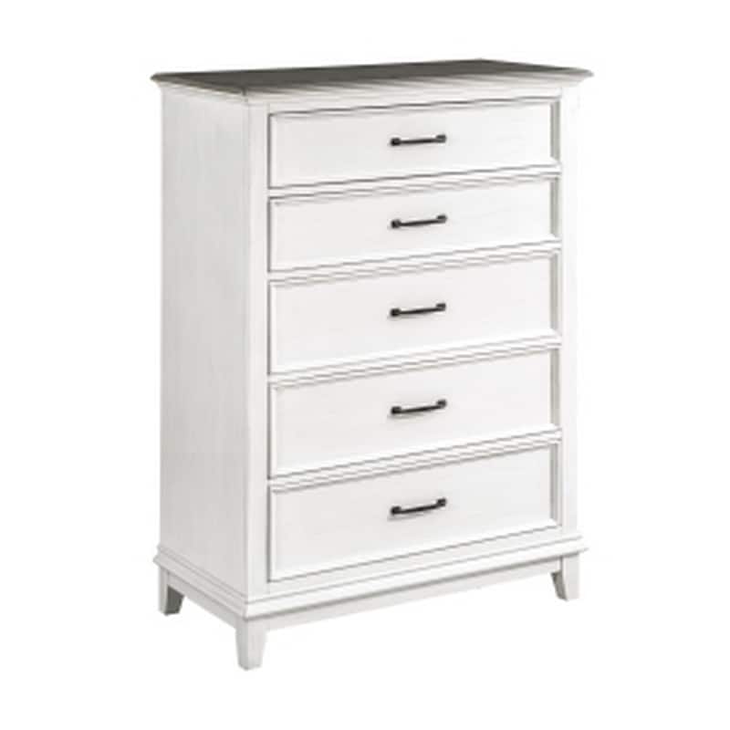 Woki 55 Inch Tall Dresser Chest, 5 Drawers, White and Brown Solid Wood
