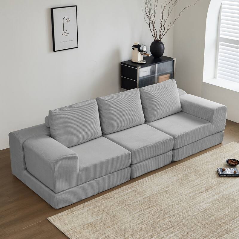 108" Corduroy Upholstered Modular Oversized 3-Seater Convertible Comfy Compressed Sofa - Grey