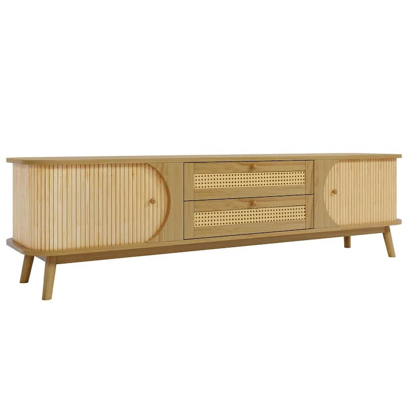 Rattan TV Stand for TVs Up to 75'', Modern Media Console, Entertainment Center with Solid Wood Legs, TV Cabinet for Living Room