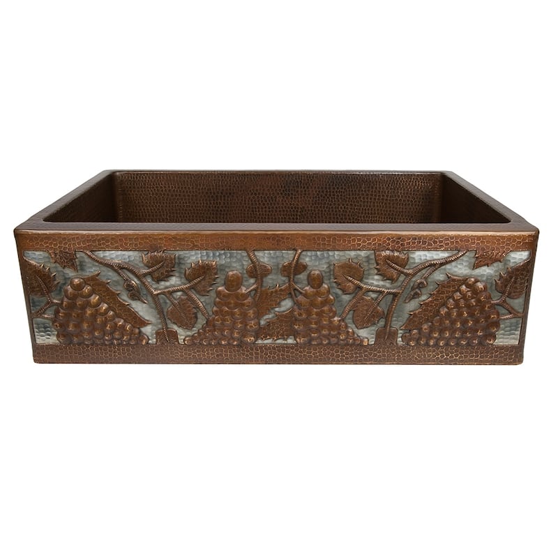 33-in Hammered Copper Apron Front Single Basin Kitchen Sink w/ Vineyard Design and Nickel Background (KASDB33229G-NB)