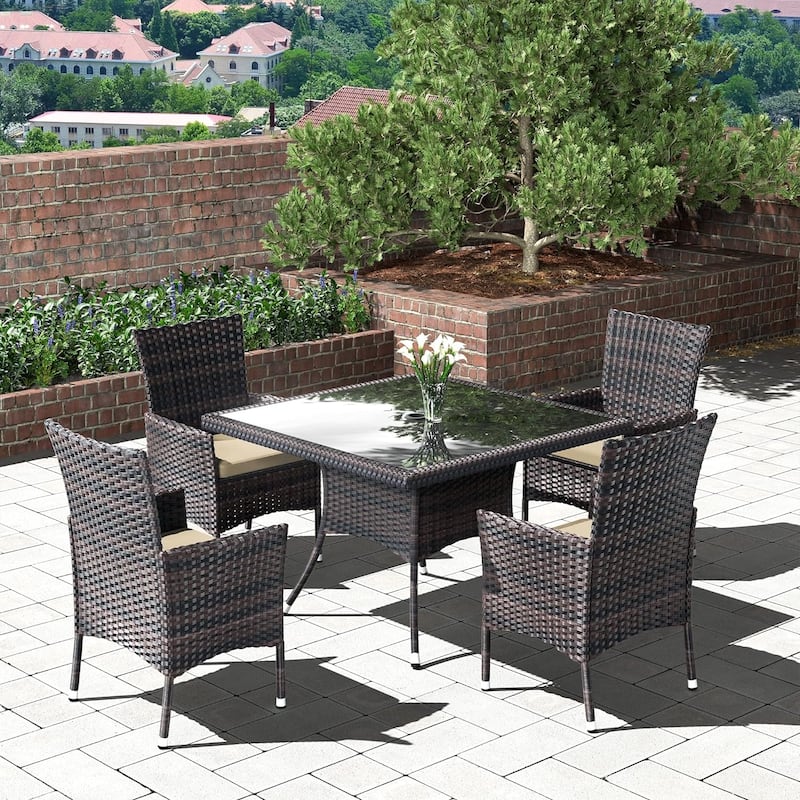 Kullavik Outdoor Dining Set, Rattan Patio Furniture Dining Table & Chairs - 5Pcs Khaki