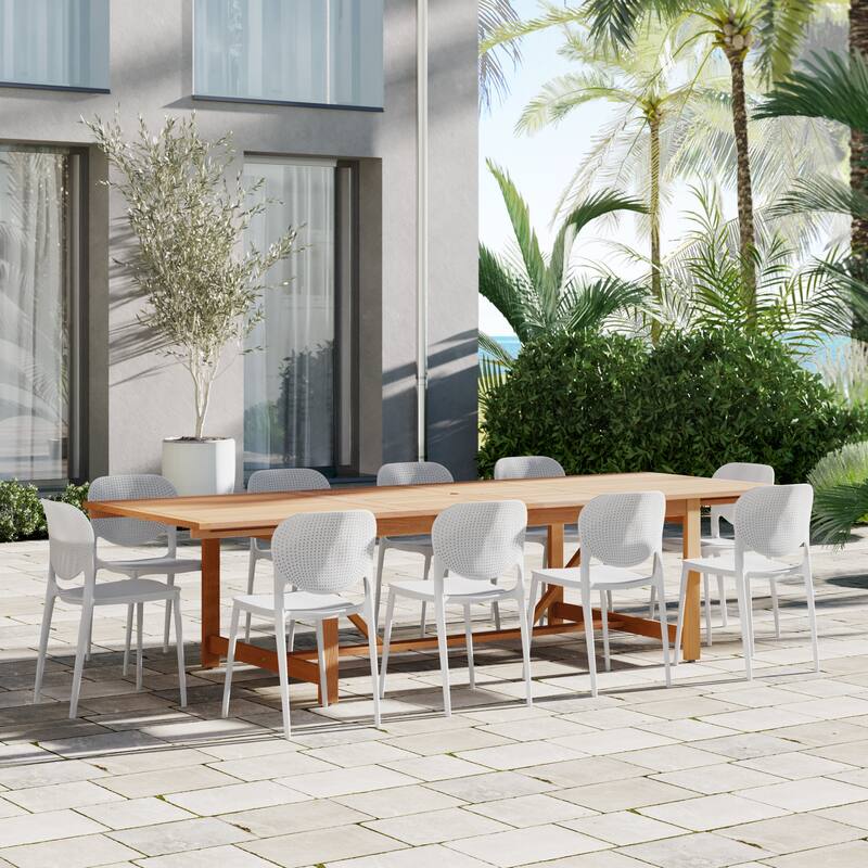 Amazonia Sunset Resin/ Eucalyptus 11-piece Outdoor Extendable Dining Set - Dark Wood Table and White Chairs
