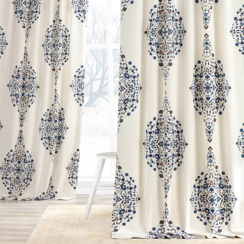 Exclusive Fabrics Kerala Printed Cotton Twill Single Curtain (1 Panel) - 50 X 120 - Kerala Blue