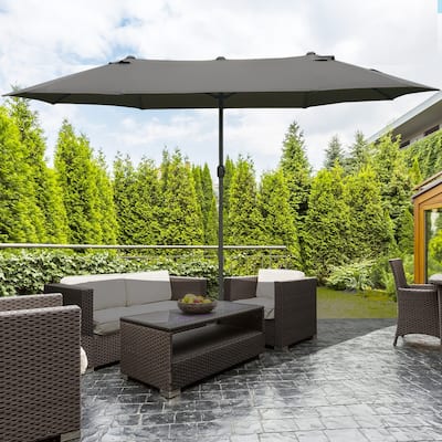Outsunny Patio Umbrella 15' Steel Rectangular Outdoor Double Sided Market with base, UV Sun Protection & Easy Crank