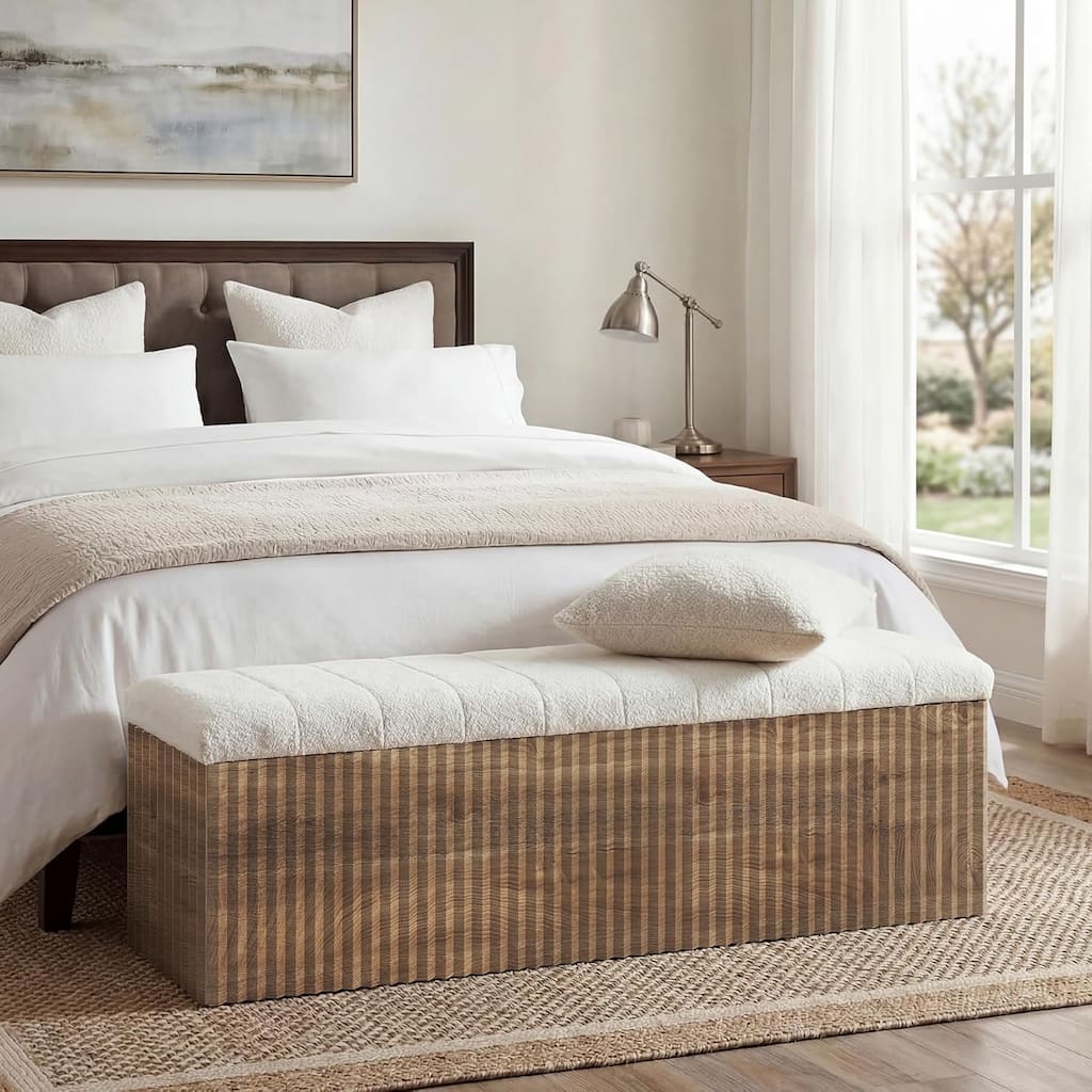 Upholstered End of Bed Storage Bench, 63" Farmhouse Wooden Entryway Bench with Cushion - 15.75"D x 62.99"W x 17.72"H
