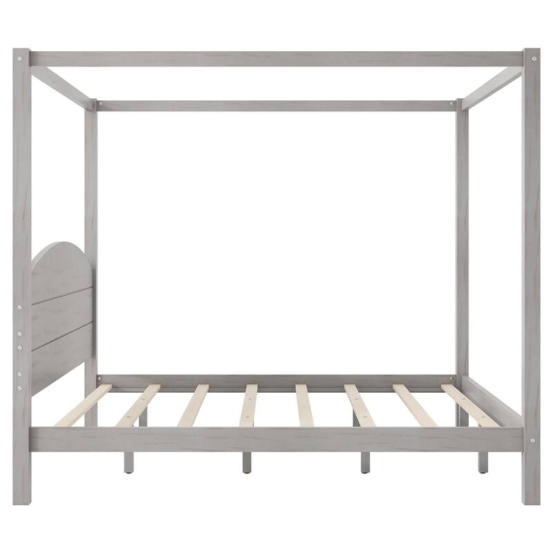 Grey Wash King Size Canopy Platform Bed with Headboard and Support Legs