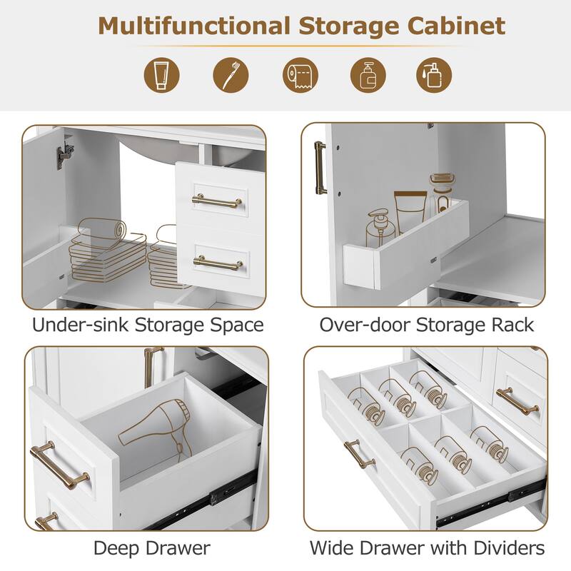 30" Freestanding Single Sink Storage Cabinet Bathroom Vanity with Gold Handles, Groove Decoration and Overflow Drain Protectio