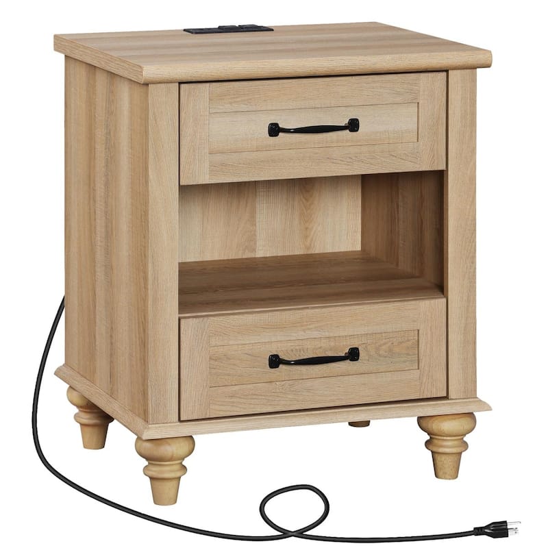 Mid Century End Table Nightstands with Charging Station & Drawer - 1 Piece - Oak