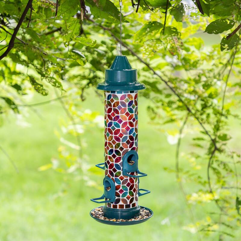 Glitzhome 20''H Tall Hanging Blue/Green Mosaic Birdfeeder - Blue/Multi