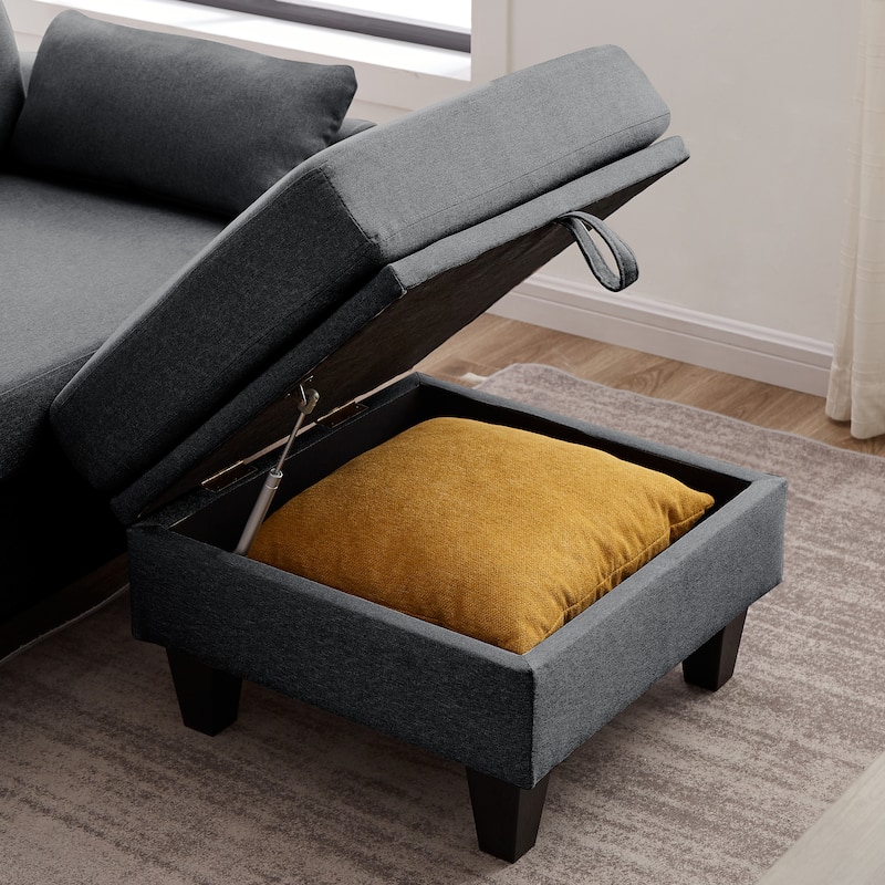 Modern Sectional Sofa Couch L Shaped With Chaise Storage Ottoman and Side Bags For Living Room
