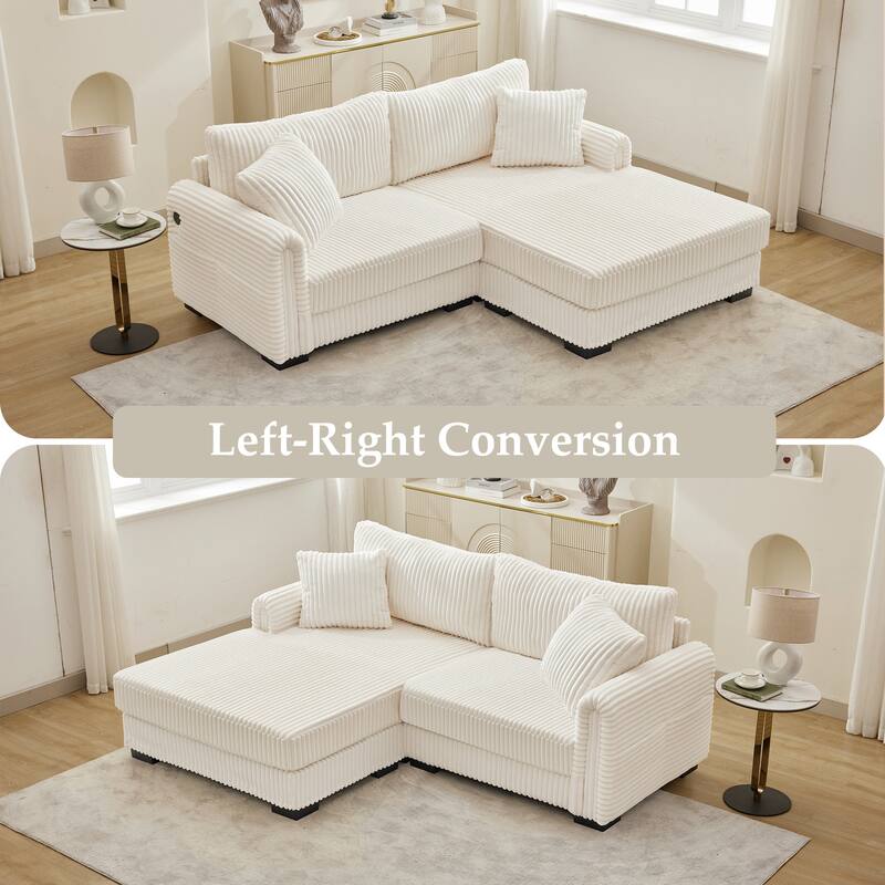 2-Seater L-Shaped Chaise Sofa with Reversible Cushion , USB-C Charging Port, Storage Pocket, Convertible Left/Right Design