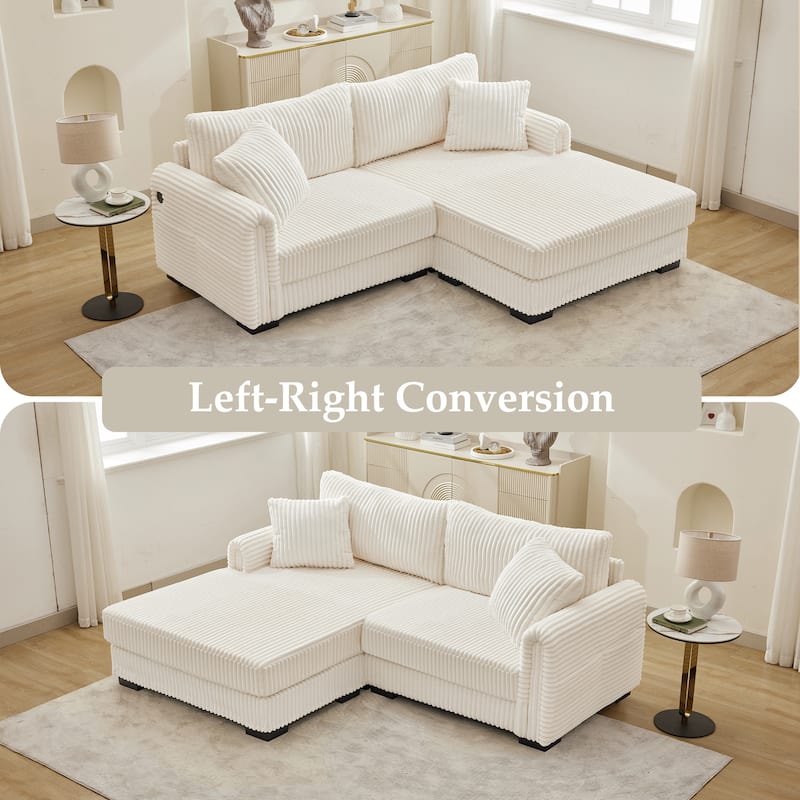 L-Shaped Sofa, 2 Seater Modular Sectional Sofa with Convertible Chaise, USB Ports, Corduroy Couch with Oversized Side Pocket