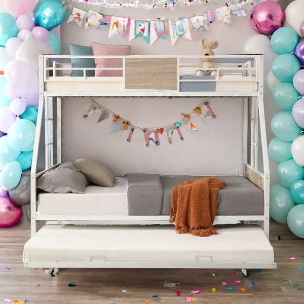 slide 2 of 22, Twin Over FULL Metal Bunk Bed with Trundle 2-Side Ladder and Full-Length Guardrail, No Box Spring Needed Brown+White