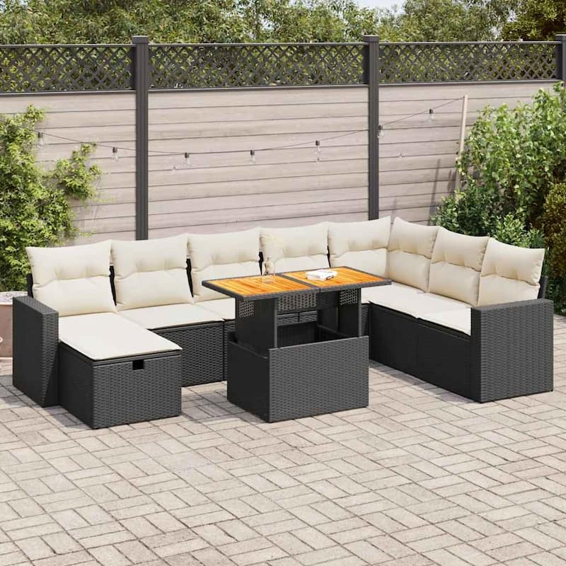 vidaXL Patio Sofa Set with Cushions Outdoor Furniture 9 Piece Poly Rattan - 21.7 x 39.4 x 28.7 - Black and Cream-with storage