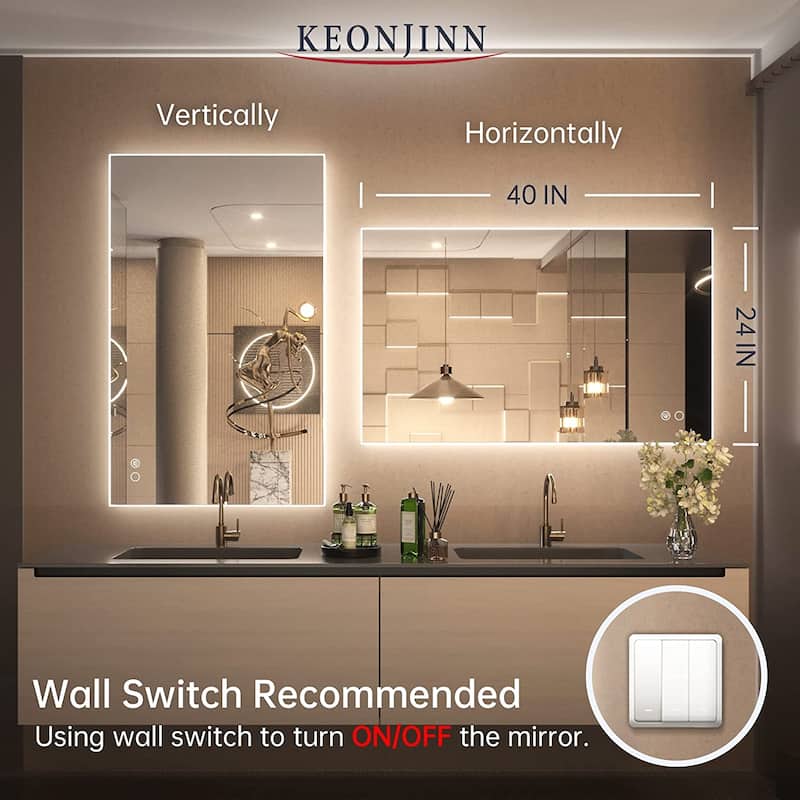 Keonjinn LED Backlit Bathroom Vanity Mirror Anti-Fog Dimmable Lighted CRI90 High Definition(Horizontally/Vertically)