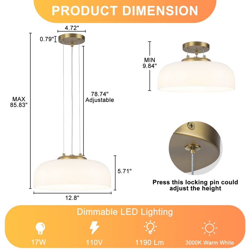 Single Light LED Pendant with Milky White Glass Shade Dimmable Modern