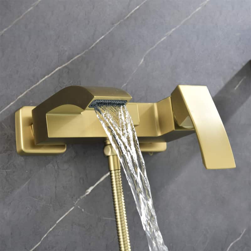 Waterfall Wall Mount Roamn Tub Faucet with Hand Shower Brass Single Handle Modern Bathtub Filler with Valve