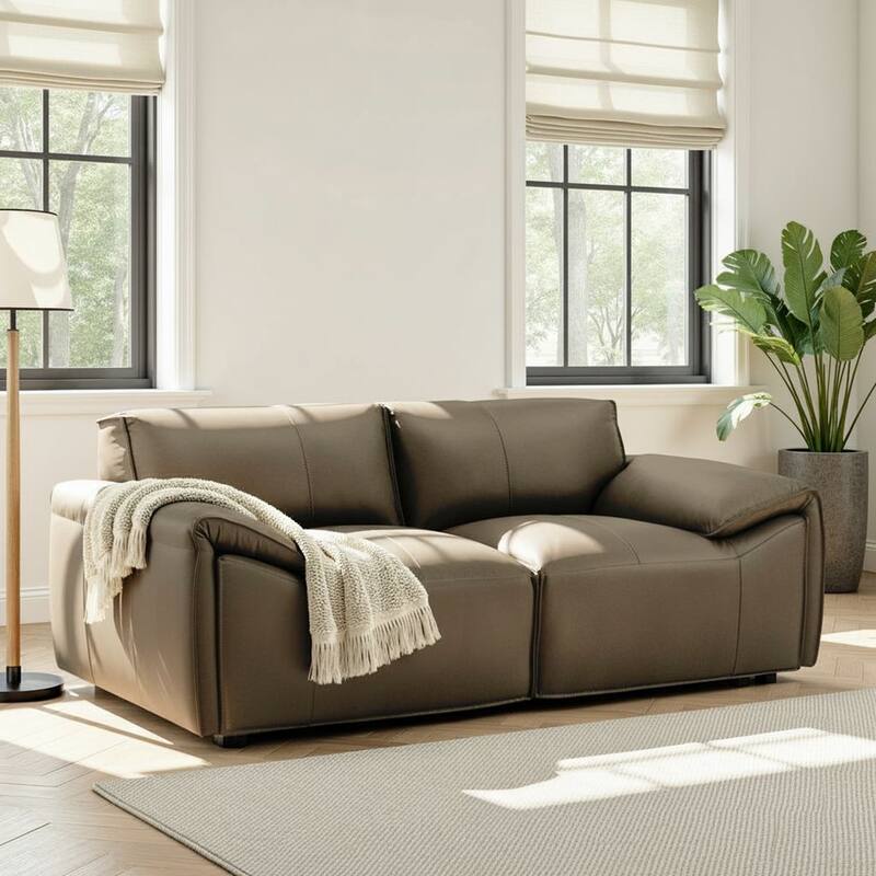 Tanner Top Grain Leather Loveseat, Sofa, or Living Room Set with Padded Arms - Loveseat - Khaki