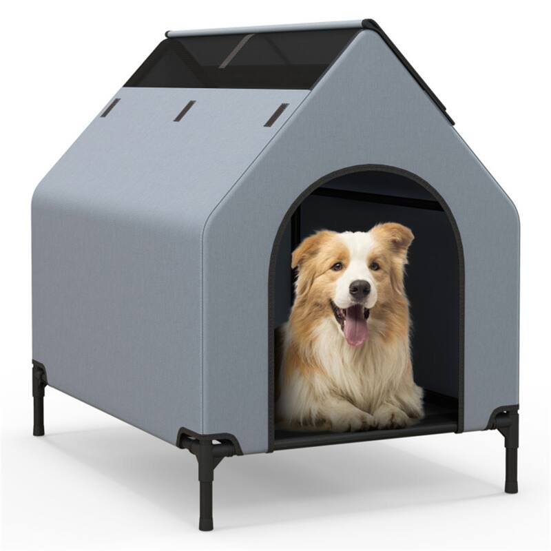 Outdoor Elevated Pet House with Waterproof Canopy and Roll-Up Mesh Windows