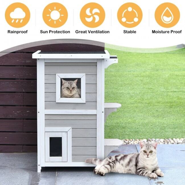 2-Story Wooden Cat House with Escape Door Rainproof - 17.5" x 18" x 31" (L x W x H)