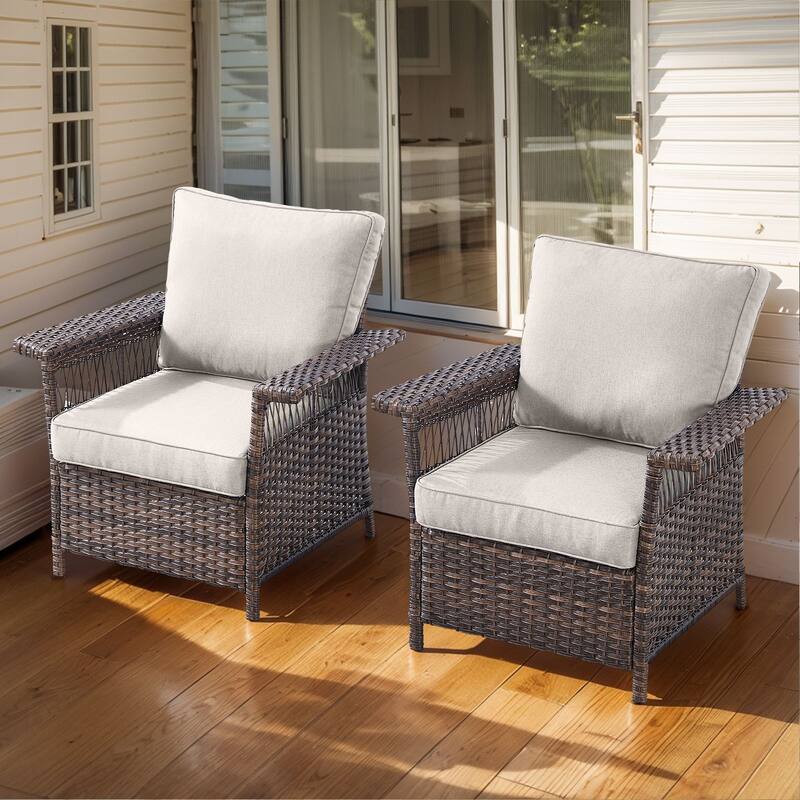 Outside Wicker Chair Conversation Set - Brwon Wicker Beige Cushion - 2PCS Patio Chairs