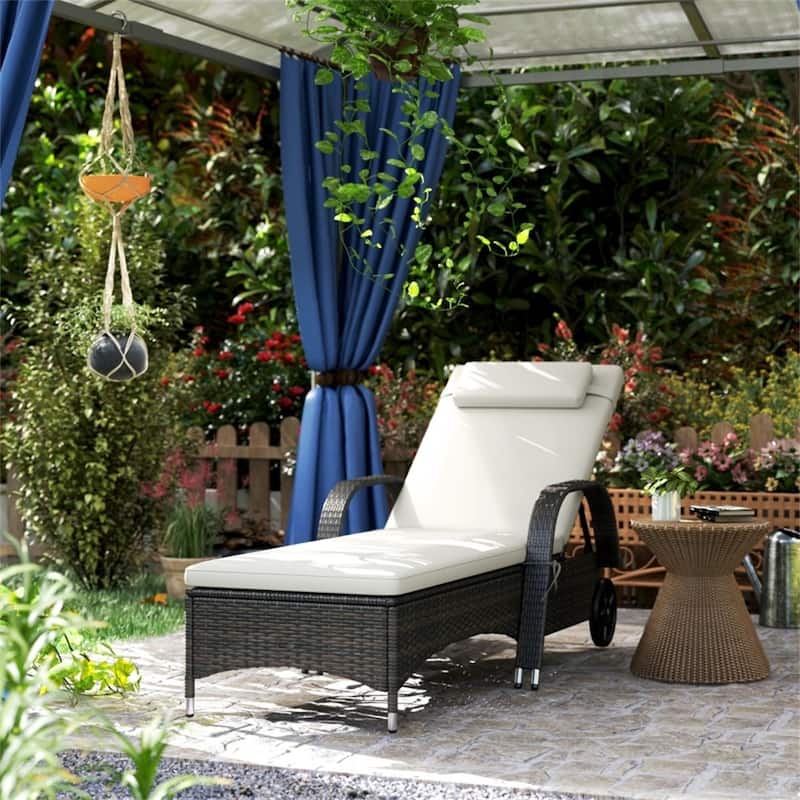 Outdoor Poolside Chaise Lounge Chair Set with Adjustable Backrest Wheels Thick Cushions Steel Rattan Patio Garden Furniture