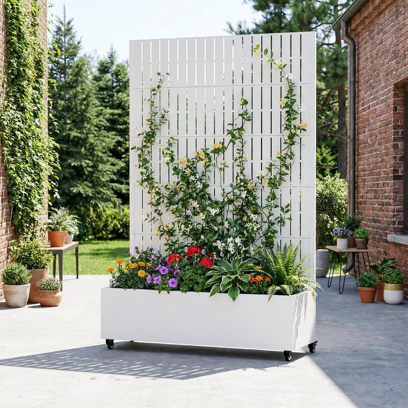 Raised Garden Bed Planter with Trellis Movable Planter Box with Lockable Wheels - 72*47 - White