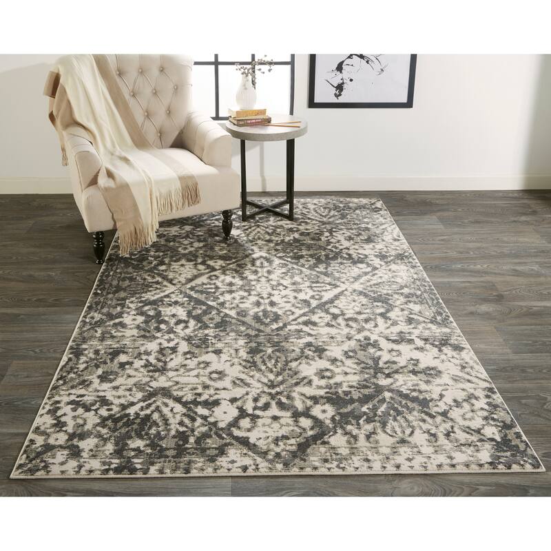 Kiba Distressed Medallion Diamond Rug, Ivory/Gray, Area Rug