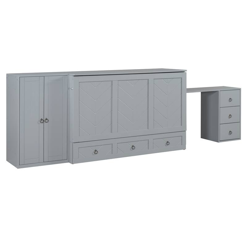 Queen Size Murphy Bed with USB Port, Large Drawer, and Wardrobe/Desk Combo - Versatile Cabinet Bed