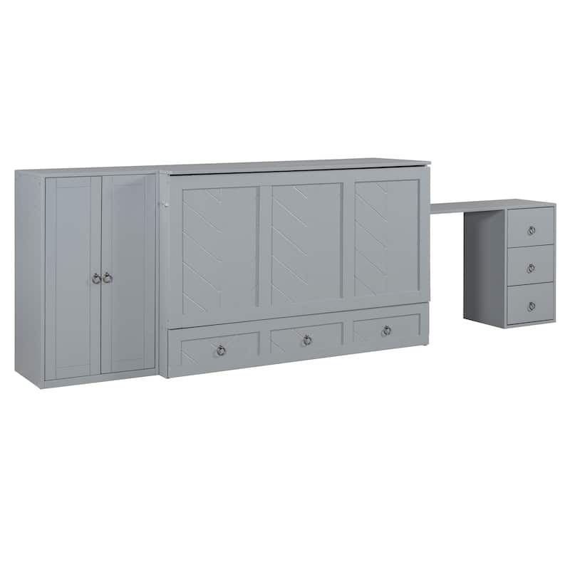 Queen Size Murphy Bed with USB Port, Large Drawer, and Wardrobe/Desk Combo - Versatile Gray Cabinet Bed