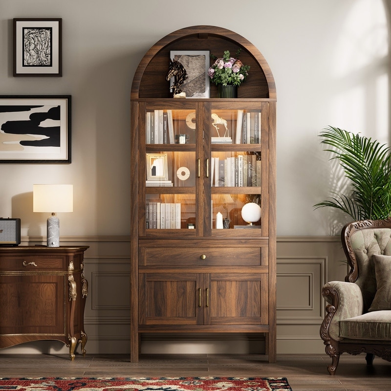 Arched Storage Cabinet with LED Light, Glass Doors & Adjustable Shelves for Home Living Room Office