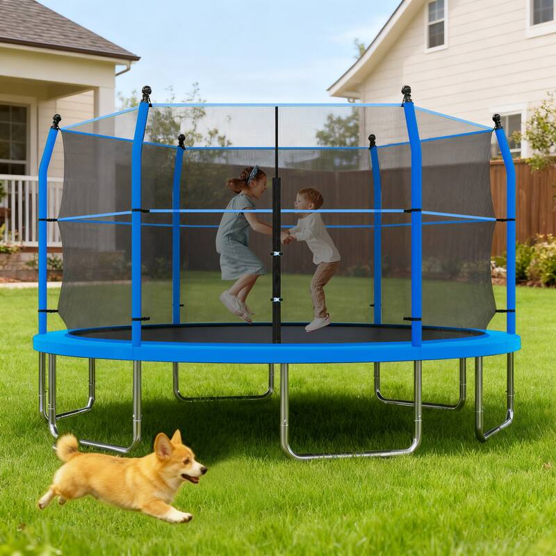 14ft Trampoline with Ladder and Enclosure Net for Kids and Adults, Heavy-duty 14' Outdoor Trampoline for Backyard - Blue