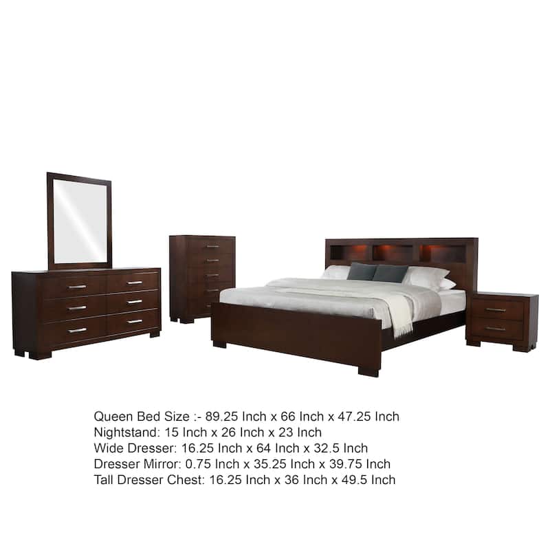 Bela 5 Piece Queen Bedroom Set, Bookcase Headboard, Dark Brown Wood