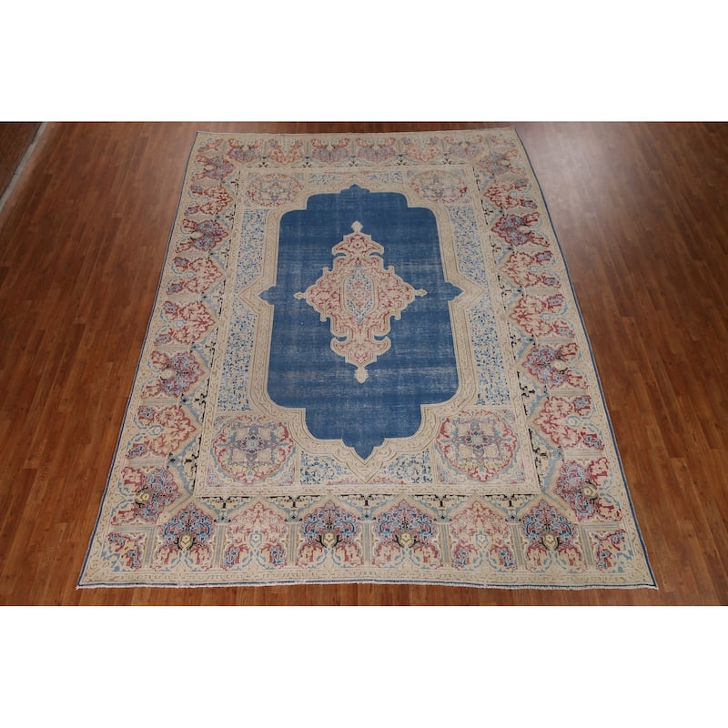Blue Distressed Kerman Persian Vintage Area Rug Handmade Wool Carpet - 9'3" x 11'10"