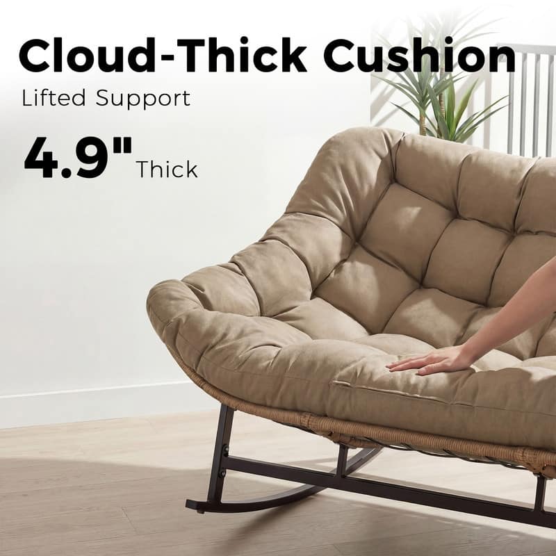 60" Double Papasan Rocking Chair for 2, 700-lb Capacity Wicker Egg Rocker with 5.1" Thick Cushion