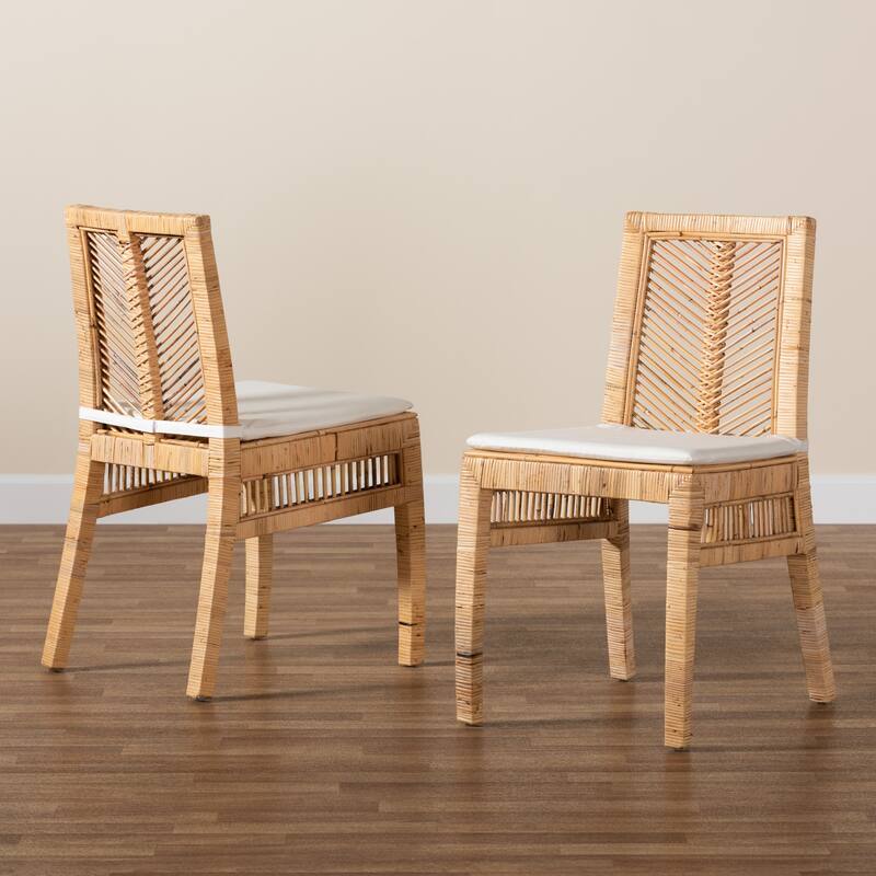 Suci Modern Bohemian Natural Brown Rattan 2-Piece Dining Chair Set