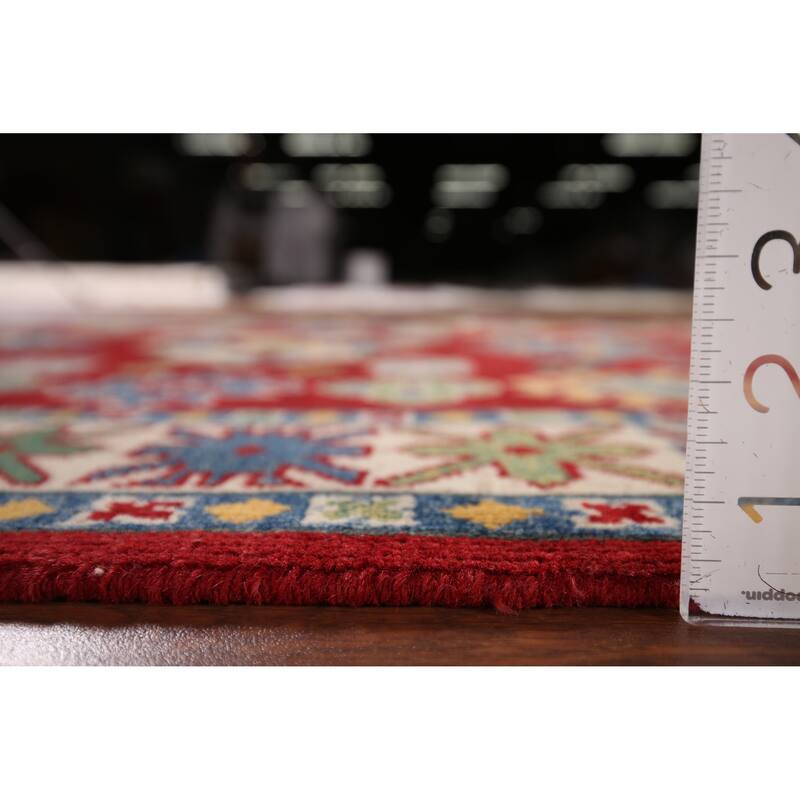 Oriental Kazak Area Rug Hand-Knotted Geometric Red Wool Carpet - 4'0" x 5'8"