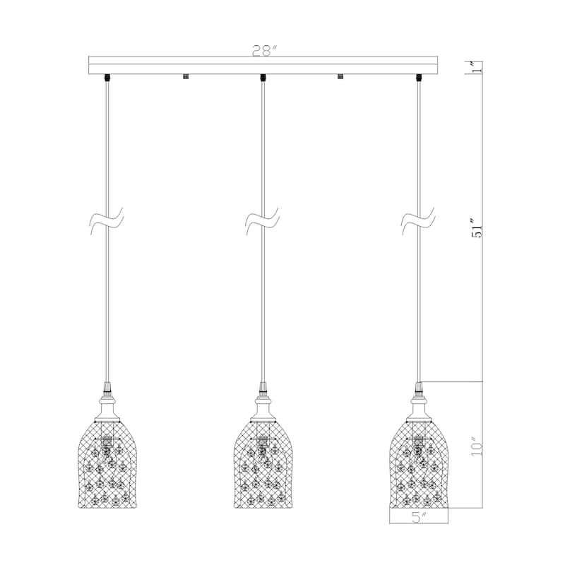 Emili Silver 3-Light Metal Bell Shades Linear Pendant Light with Clear Crystals Design