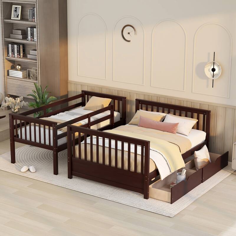 Twin-Over-Full Bunk Bed with Guardrails, Drawers, and Convertible Design for Kids and Guests